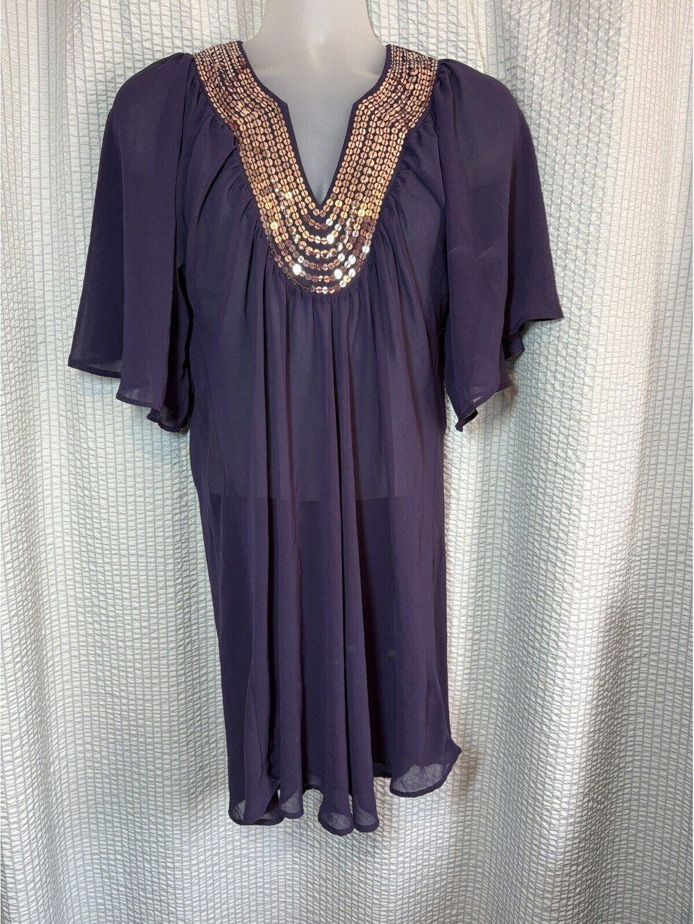 Love Stitch Purple sheer tunic Blouse with gold sequin and beaded Boho Size Med